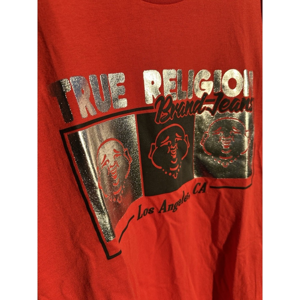 True Religion Men's Red shinny Tri Buddha Box Logo T-Shirt Size L‎ large NWT